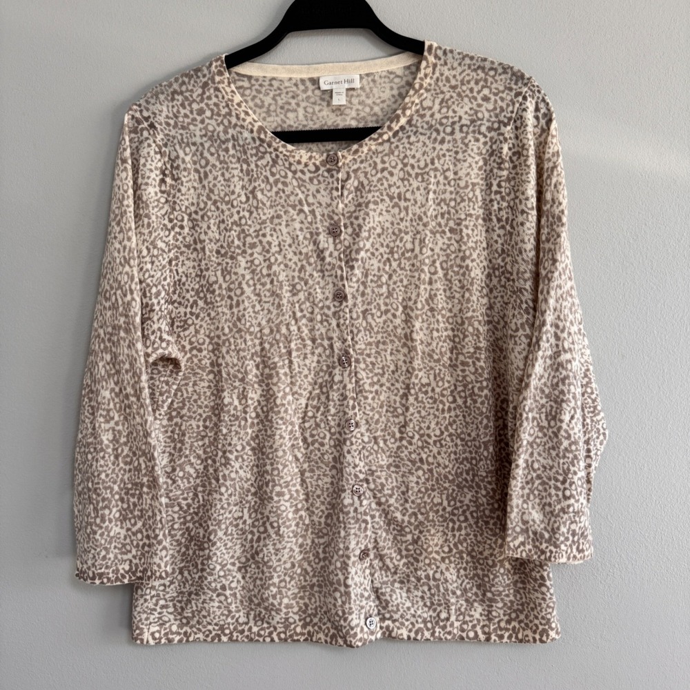 Garnet Hill Large Merino Wool Cardigan Leopard Print Button Front Sweater